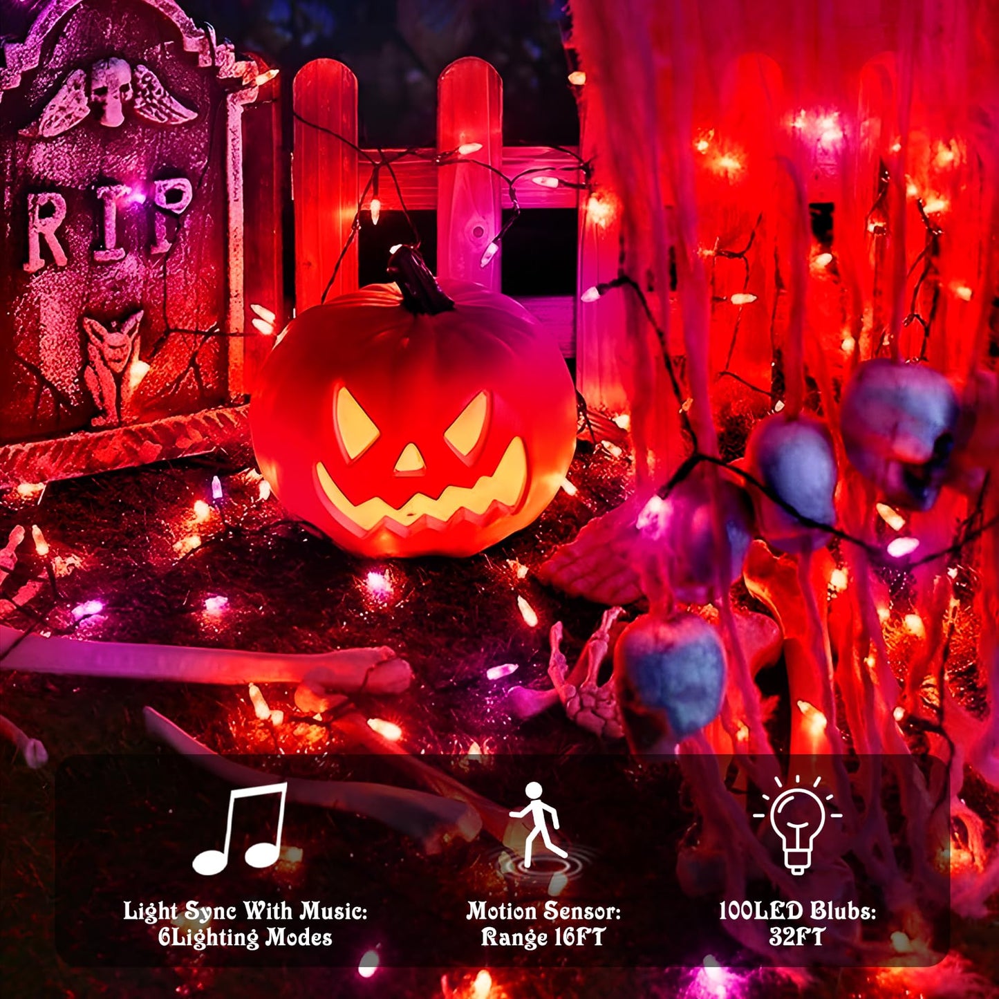 VTECHOLOGY 100 LED Motion Sensor Orange & Purple Halloween String Lights,33ft USB & Battery Operated Halloween Light String with Spooky Music for Halloween Holiday Indoor Decor
