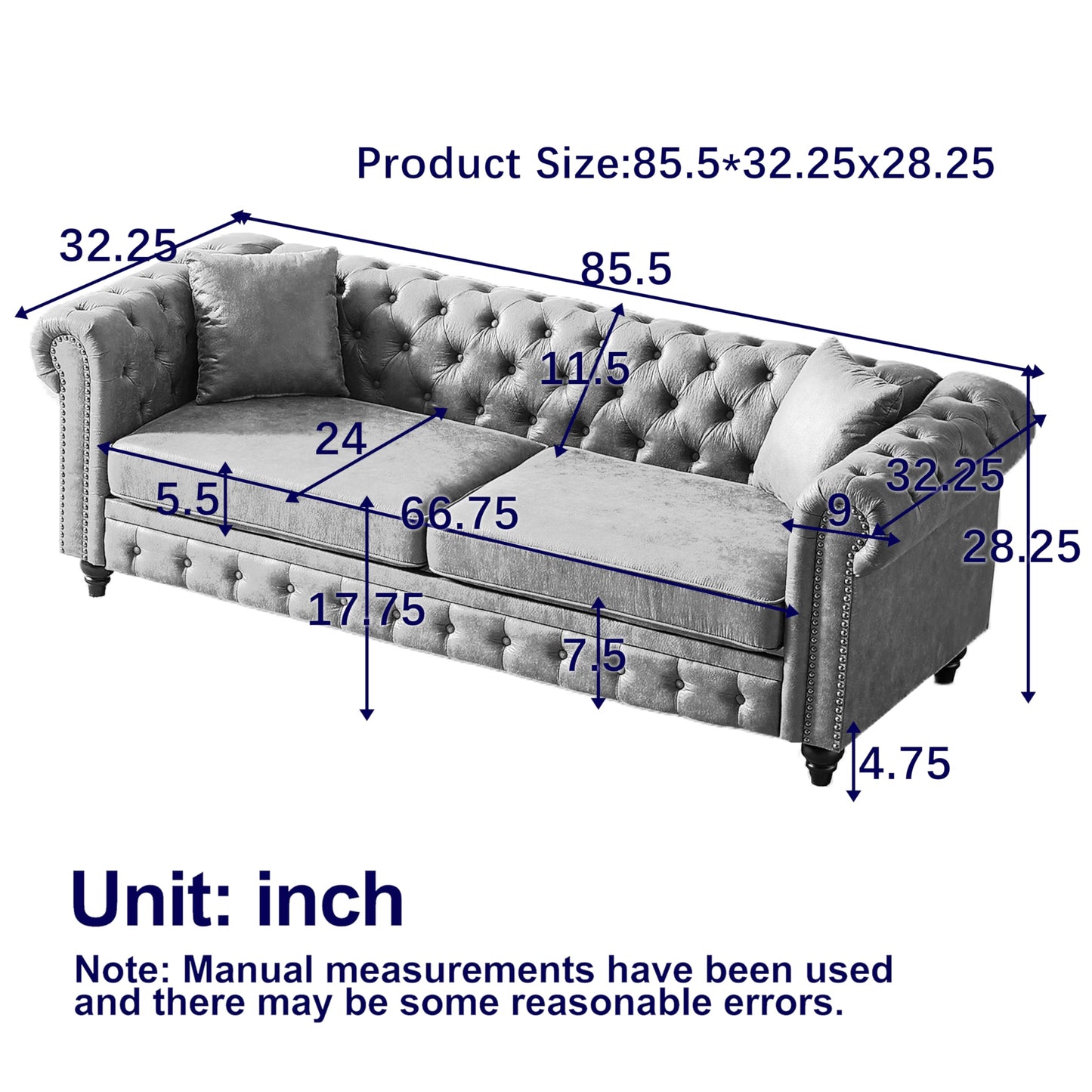KEIKI Chesterfield Sofa, Retro Style Upholstered 3+3 Seats Tech Fabric Couch with Rolled Arm for Living Room Bedroom Office, Black