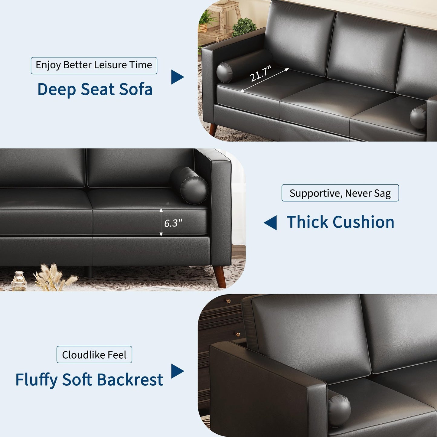 GarveeLife 86" Mid Century Modern PU Leather Sofa, 3 Seater Couch with Deep Seat & Cushions, Faux Leather Living Room Sofa for Apartment, Bedroom, Office, Black
