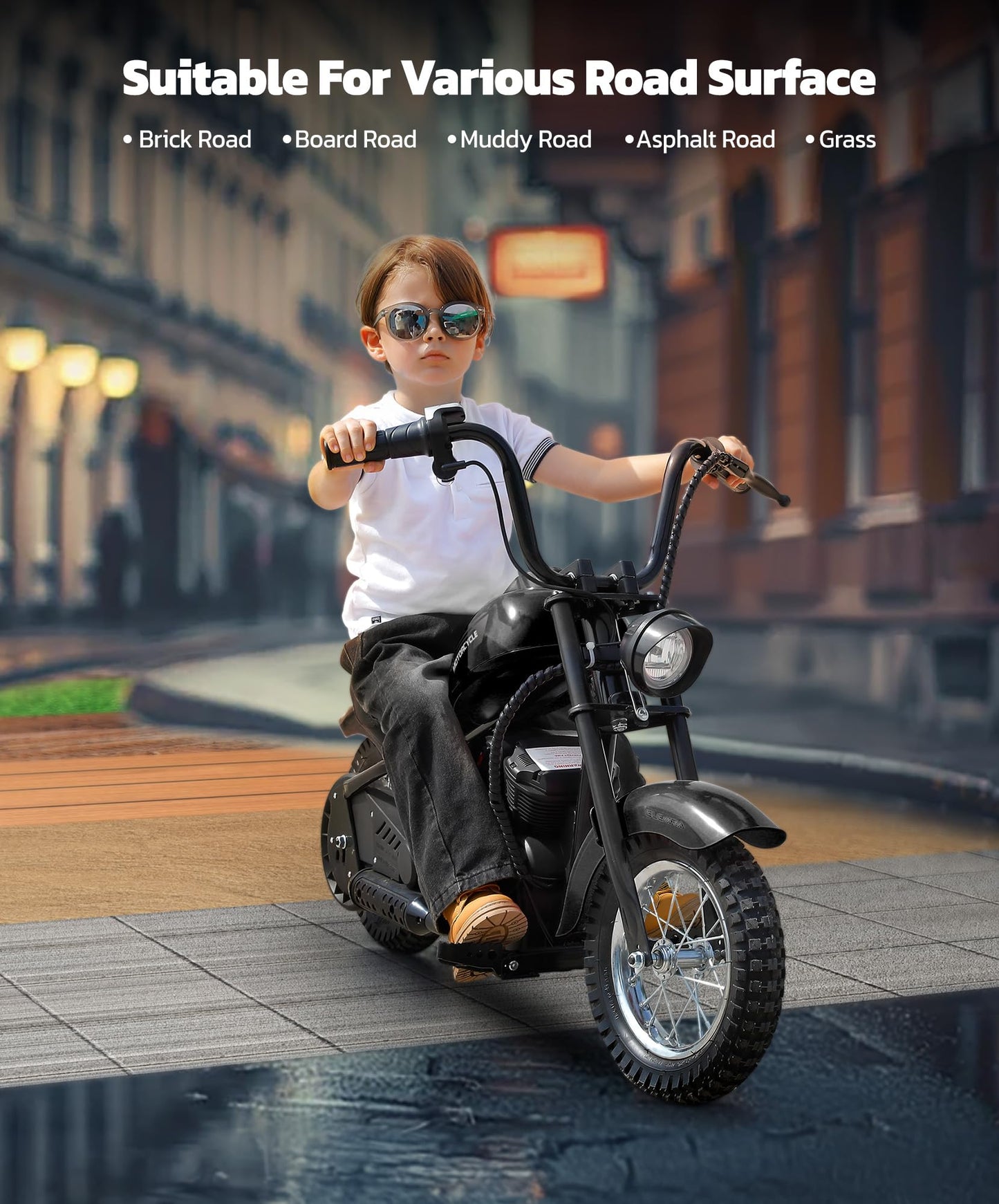ELEMARA Electric Dirt Bike, 15 mph & 150lb Max, 24V Ride on Toy for Big Kids w/LED Lights & Power Display, Chain-Driven Motor, Twist-Grip Throttle, Shock Springs, Handbrake, 12" Air-Filled Tires-Dark