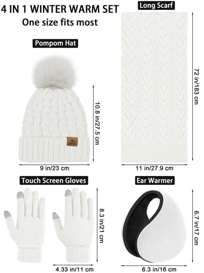 URATOT 4 Packs Winter Warm Set Knitted Pompom Hat Scarf Touch Screen Gloves Ear Warmer 4 In 1 Set for Men or Women