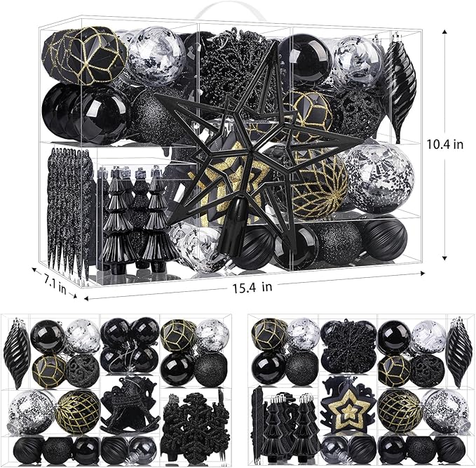 SHareconn 100pcs Christmas Tree Decorations Ornaments Set, Shatterproof Plastic Baubles Decorative Balls for Xmas Tree Decor Holiday Wedding Party, Black