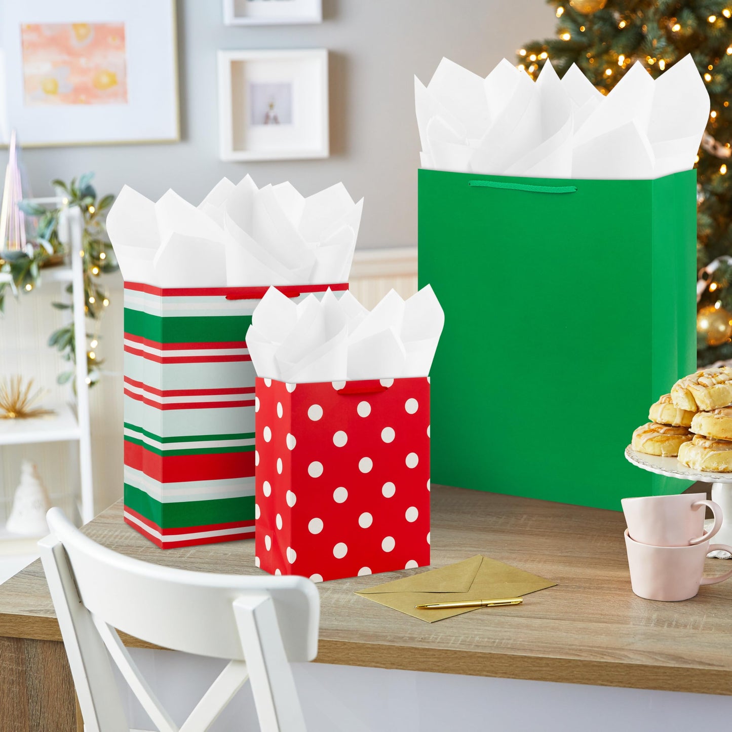 Hallmark Red, Green and White Bulk Gift Bags Assortment (12 Bags: 5 Medium 9", 4 Large 13", 3 Extra Large 15") Stripes, Polka Dots, Solids for Christmas, Birthdays, Holidays