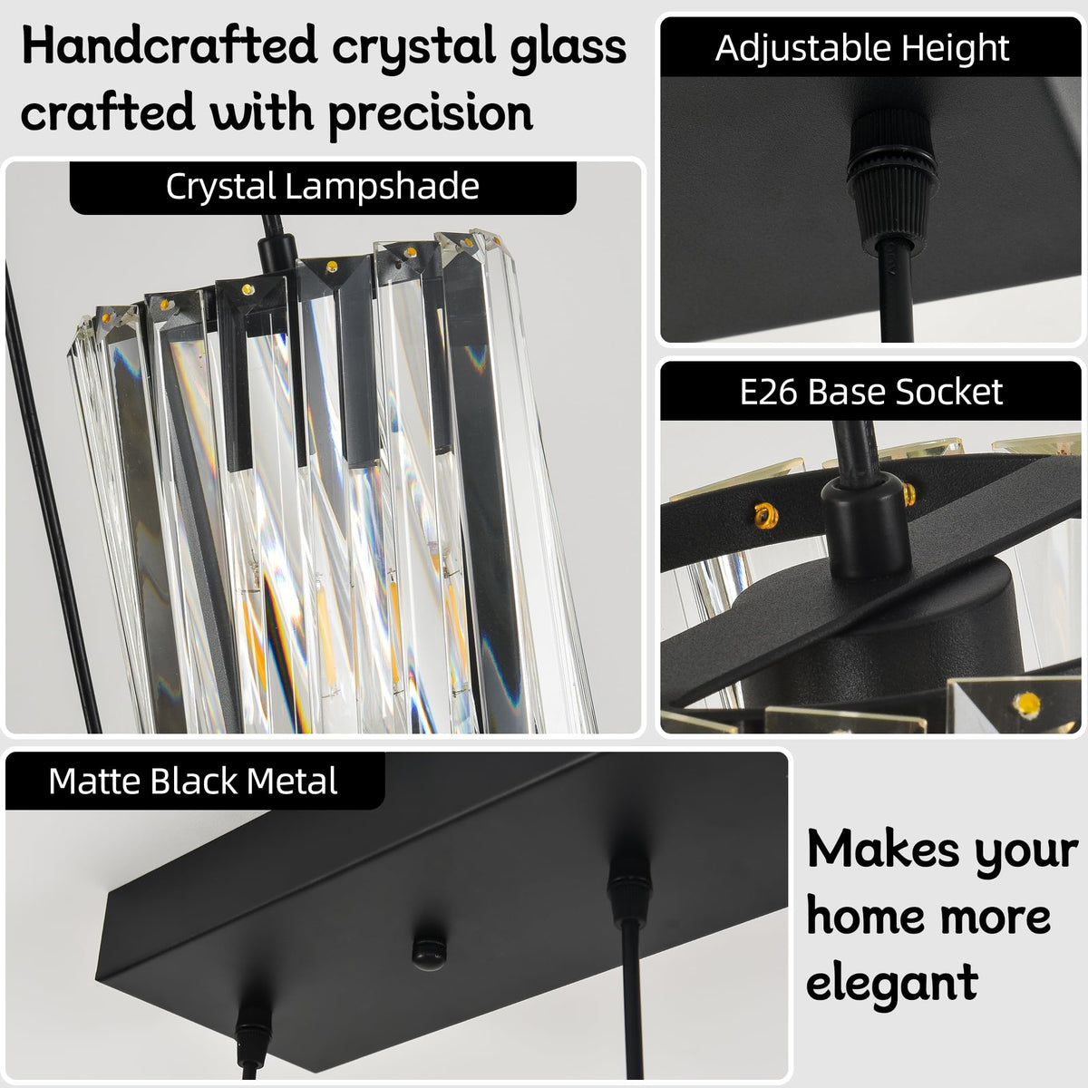 BESTWEST Linear Crystal Chandelier 5-Light Black, K9 Crystal Island Pendant Lighting Large Rectangular Ceiling Light Fixture, Adjustable Hanging Light for Kitchen Island Dining Room Living Room, E26