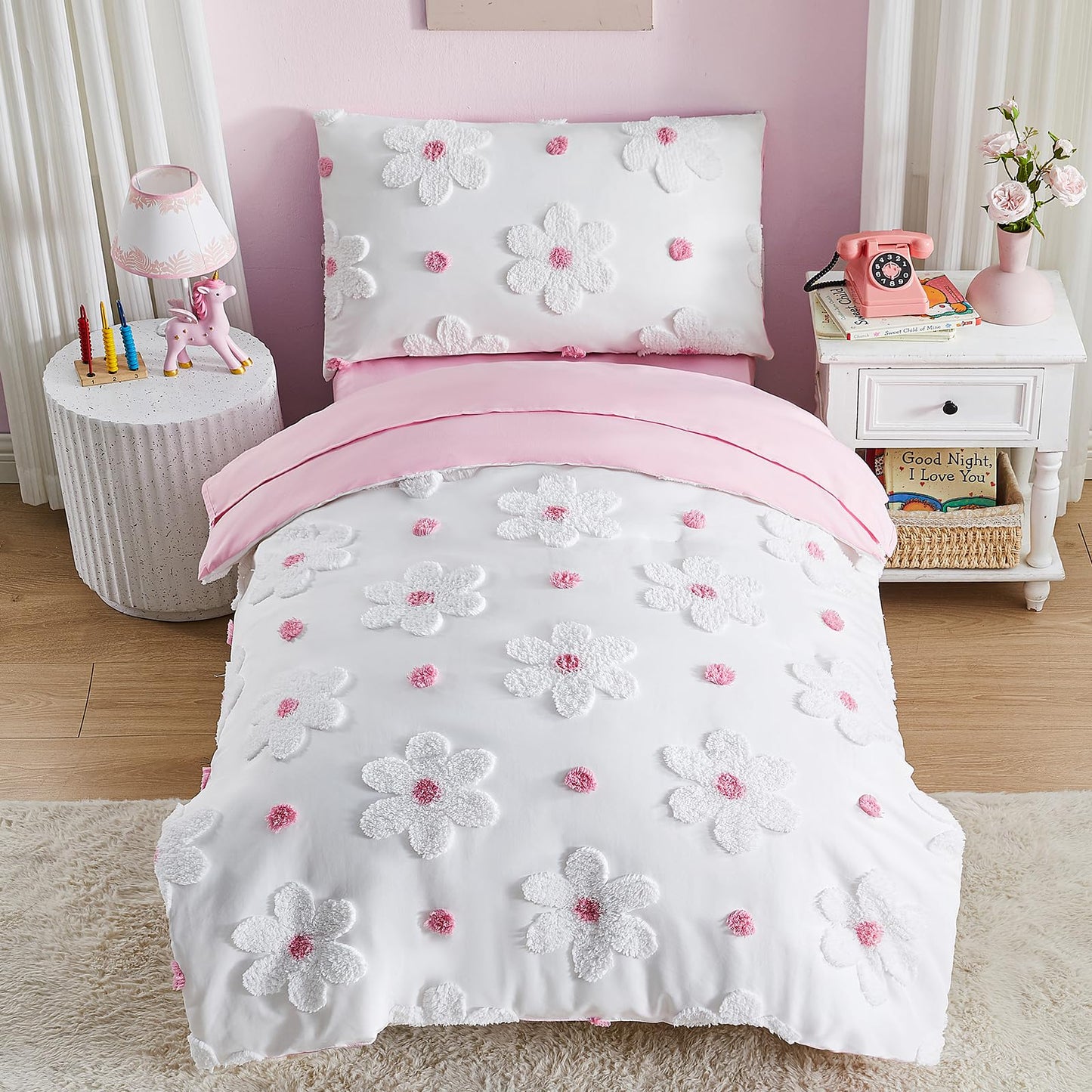 CotComf Toddler Bedding Set for Girls 4-Piece Pink Boho Tufted Daisy Flowers Toddler Comforter Set Bed-in-a-Bag Toddler Sheets Bedroom Set with Toddler Comforter, Flat Sheet, Fitted Sheet, Pillowcase
