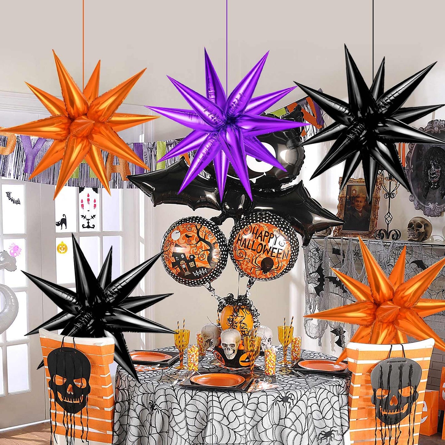 Purple and Black Orange Star Balloons, 72PCS Large 26 Inch Halloween Foil Balloon, Metallic Cone Mylar Spike Balloons Firework Balloon for Halloween Xmas Birthday Photo Props