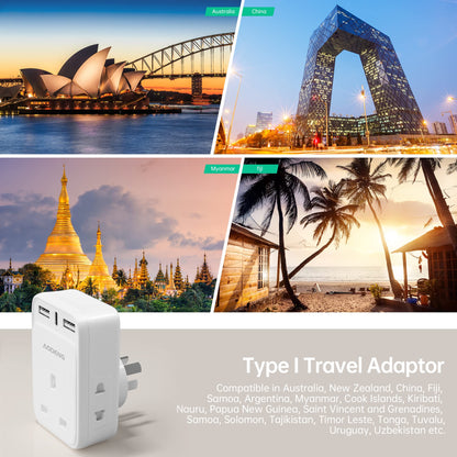 UK to Australia Plug Adapter 2 Pack 6 IN 1 Australian Travel Adapter with 2 USB Ports & 1 USB-C Fast Charger(5V/3.4A) and 2 Shaver Plug Adaptor UK to Australian New Zealand Fiji Argentina etc (Type I)