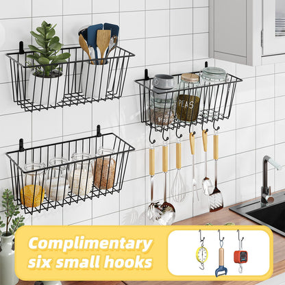 Simple Trending 6 Pack Wire Basket Wall Mount Baskets Hanging Baskets, Cabinets Organizer and Storage with Hooks for Kitchen, Garage and Bathroom