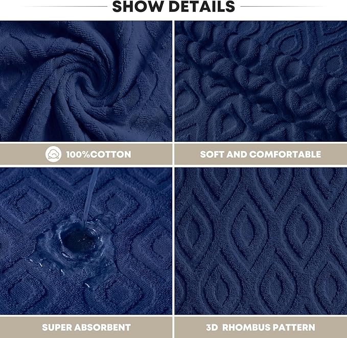 Artoid Mode 2 Pcs Navy Blue 3D Diamond Grid Jacquard Hand Towels