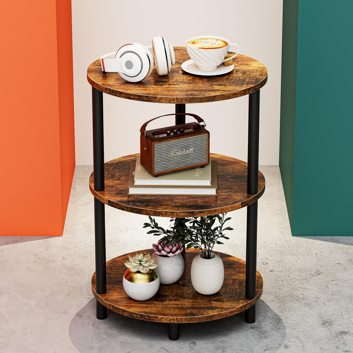 RISWER Round Small End Table - 3 Tier Oval Accent Table for Small Spaces, Rustic Wood and Metal Couch Side Table, Nightstand for Bedroom or End Table Living Room, Easy to Assemble, Rustic Brown