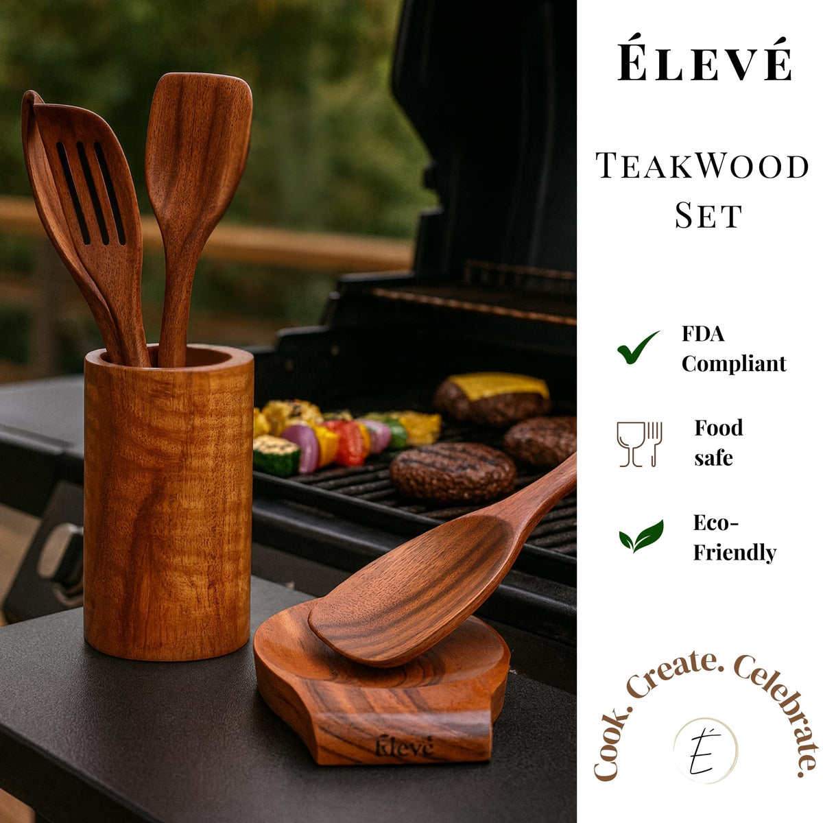 Élevé Natural Teak Wood Cooking & Serving Spoons Set (9-Piece) | Wooden Kitchen Utensils with Holder & Spoon Rest | Non-Stick Safe, Food-Grade, Durable & Elegant Cookware Tools