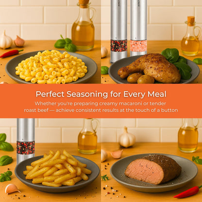 Innoteck Essentials Electric Salt and Pepper Mill Set - Battery-Operated Stainless-Steel Pepper Mill with Light - One Touch Operation - Salt & Pepper Mills - Adjustable Coarseness - Ceramic Grinder