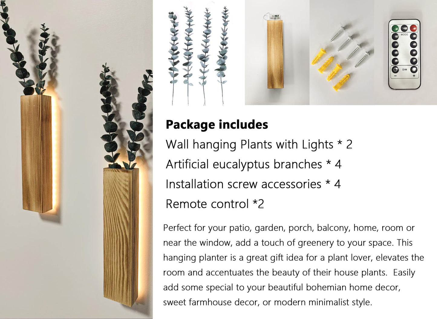Artificial Eucalyptus with LED Lights Wall Planters Rustic Wall Decor with Lights Wall Sconces Fake Vines for Room Decor Home Bedroom Living Room Bathroom Hanging Vase for Dried Flowers Faux Plants