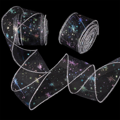 Beadthoven 20 Yards Organza Ribbon Black 2-1/8 inch Iridescent Glitter Star Print Sheer Ribbon Tulle Fabric Mesh Ribbons for Gift Wrapping, Bows, Floral Bouquets, DIY Crafts, Wedding, Party