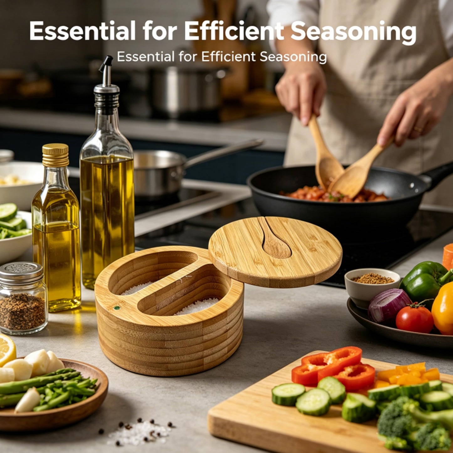 satoaols 2 Compartment Bamboo Salt Cellar with Lid and Spoon Dual Slot Kitchen Salt Holder, Ideal Multi-Purpose Salt Container for Salt and Pepper Storage & Daily Countertop Use
