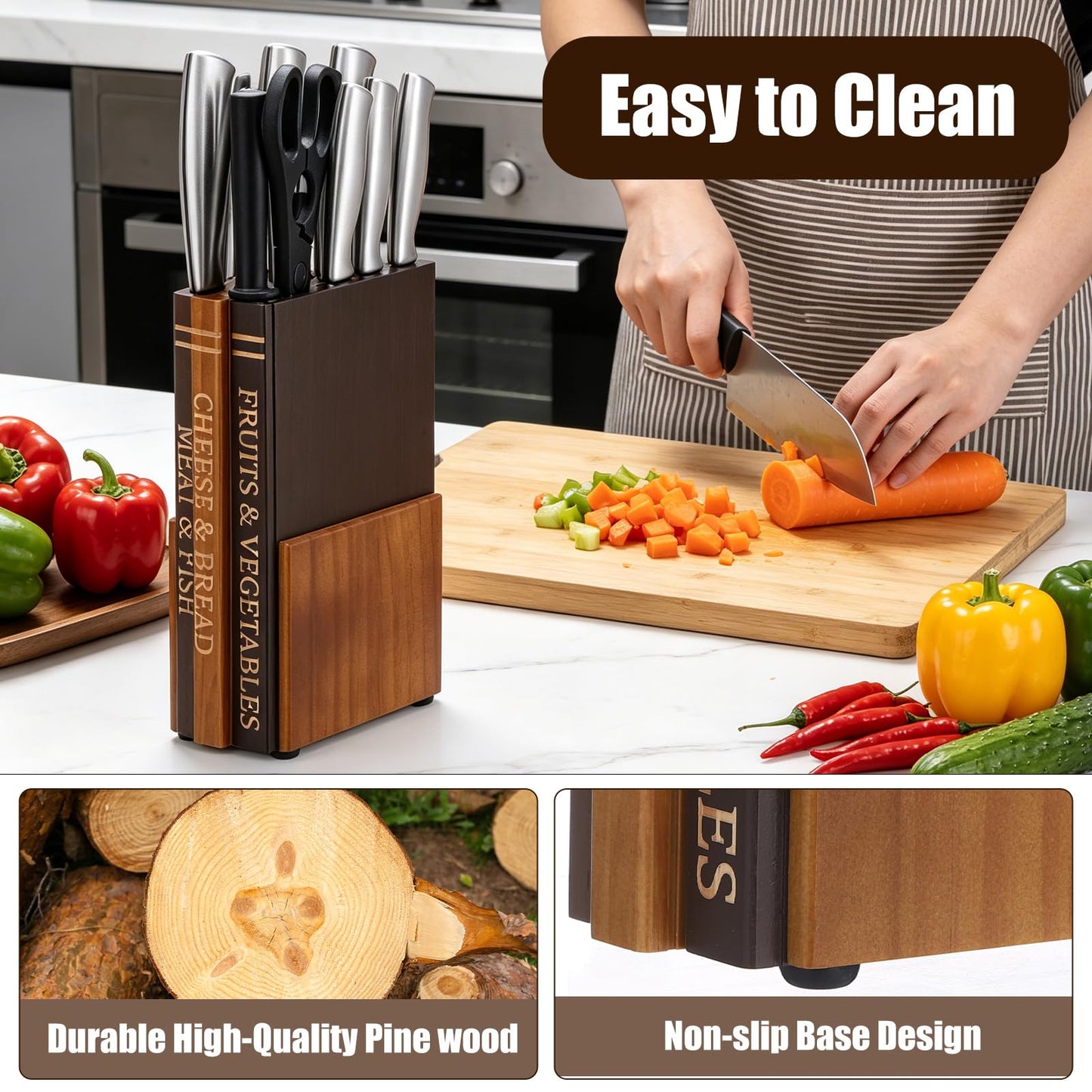 Book Knife Block Holder for Kitchen Countertop Wood Knife Block Without Knives 12 Slot Book Cutting Board Accessories Decorative Storage Organizer that Look Like Books Gift for Home Cooks