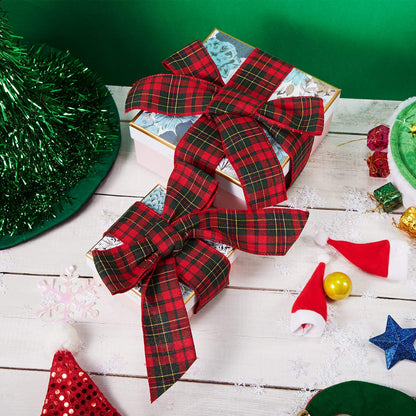 Christmas Wired Edge Plaid Ribbon 2.5 Inches Black and White Buffalo Wrapping Ribbon Gingham Ribbon for Christmas Tree Wreath Gift Wrapping, Crafts, and Decorations(Red with Green and Gold Line Plaid)