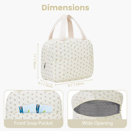 BBIQI Floral Quilted Lunch Bag for Women Cute Lunch Tote Insulated Leakproof Lunch Box Reusable Cooler for Work, Picnic