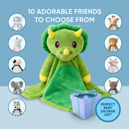 Love By Emi 4 in 1 Baby Lullaby Sleep Soother Toy - Stuffed Animal Sound Machine & Pacifier Holder | Heartbeat White Noise & Music | Plush Green Dinosaur Lovey Sleep Aid Security Blanket (0-3 Years)