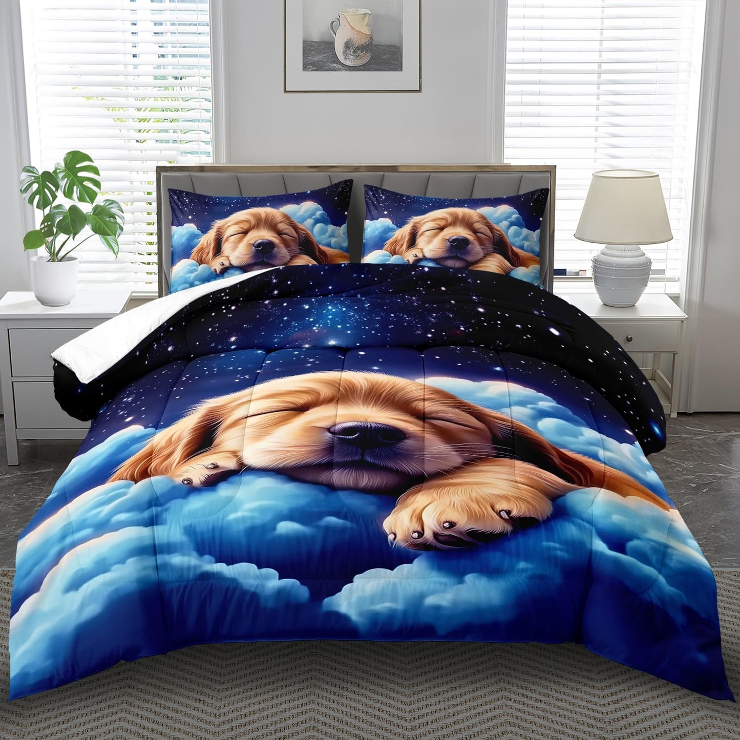 llyxsesty Blue Cute Dog Comforter Set King for Kids Blue Animal Bedding Set Boys Kawaii Dog Kids Comforter King Quilt Animal Bedroom Decor Starry Sky Bedding Bedroom Decor