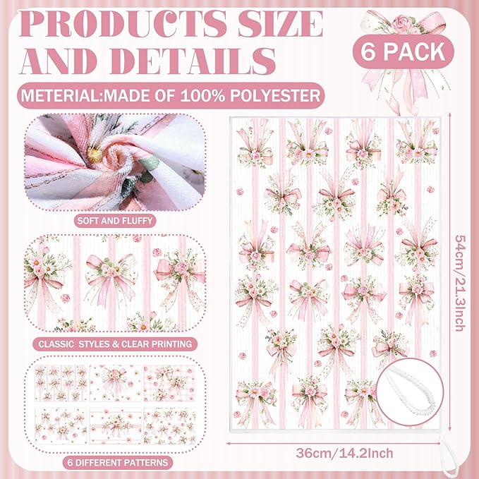 Breling Set of 6 Pink Bow Kitchen Towels Coquette Floral Dish Towel Bathroom