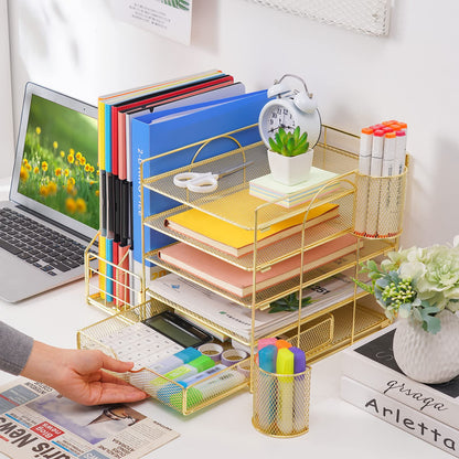 Marbrasse Rose Gold Desk Organizer with File Holder, 5-Tier Paper Letter Tray Organizer with Drawer and 2 Pen Holder, Mesh Desktop Organizer and Storage with Magazine Holder for Office Supplies