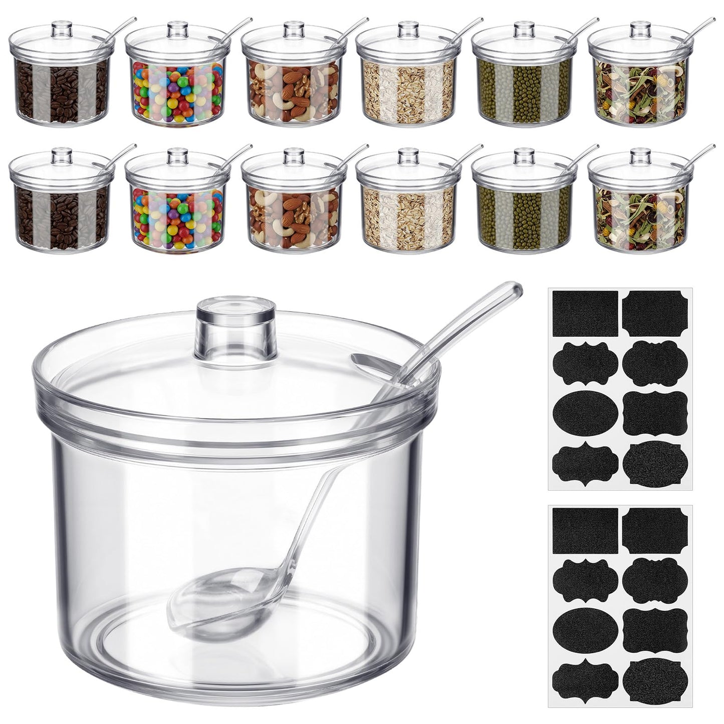 Kegeeei 12-Piece Acrylic Sugar Bowls with Lid and Spoon, Clear Salt & Spice Containers, Candy Dispenser for Coffee Bar, Ice Cream Sundae Toppings & Hot Cocoa Station (7.1 oz)