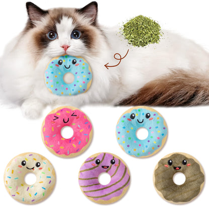 L1rabe Donut Catnip Stuffed Toys for Cats - 5Pcs Summer Gift Funny Dessert Organic Cat Toys Pet Supplies, Indoor Cats Chew Bite Teething Tools Kittens Catmint Birthday Present Interactive Supplies
