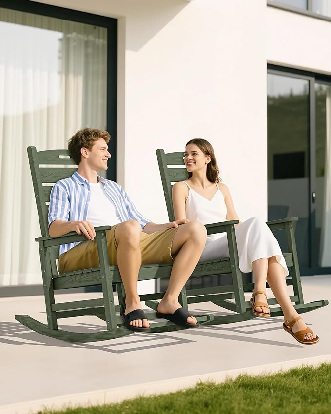 SERWALL Outdoor Rocking Chair Set of 2, Oversized Rocking Chair with Footboard for Adults, HDPE All Weather Resistant Rocking Chairs for Patio, 350lbs Weight Capacity,Avocado Green