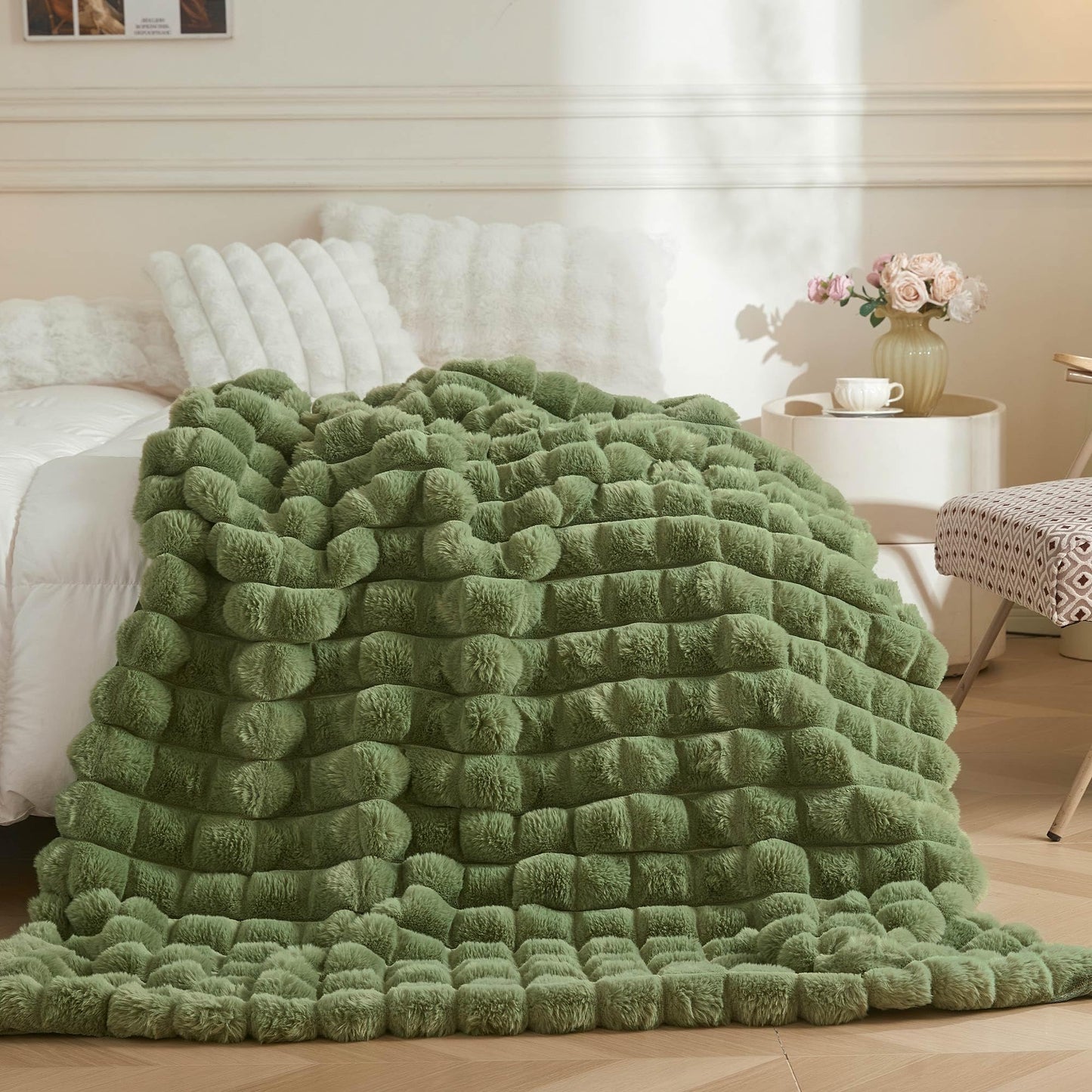 MEGO Luxury Fluffy Faux Rabbit Fur Throw, Green Comfy 3D Bubble Checkered Grid Plush Furry Blanket for Bed Couch Sofa Chair Office, Shaggy Fuzzy Throw Blanket for Kids Girls Adults, 50x60, Sage Green