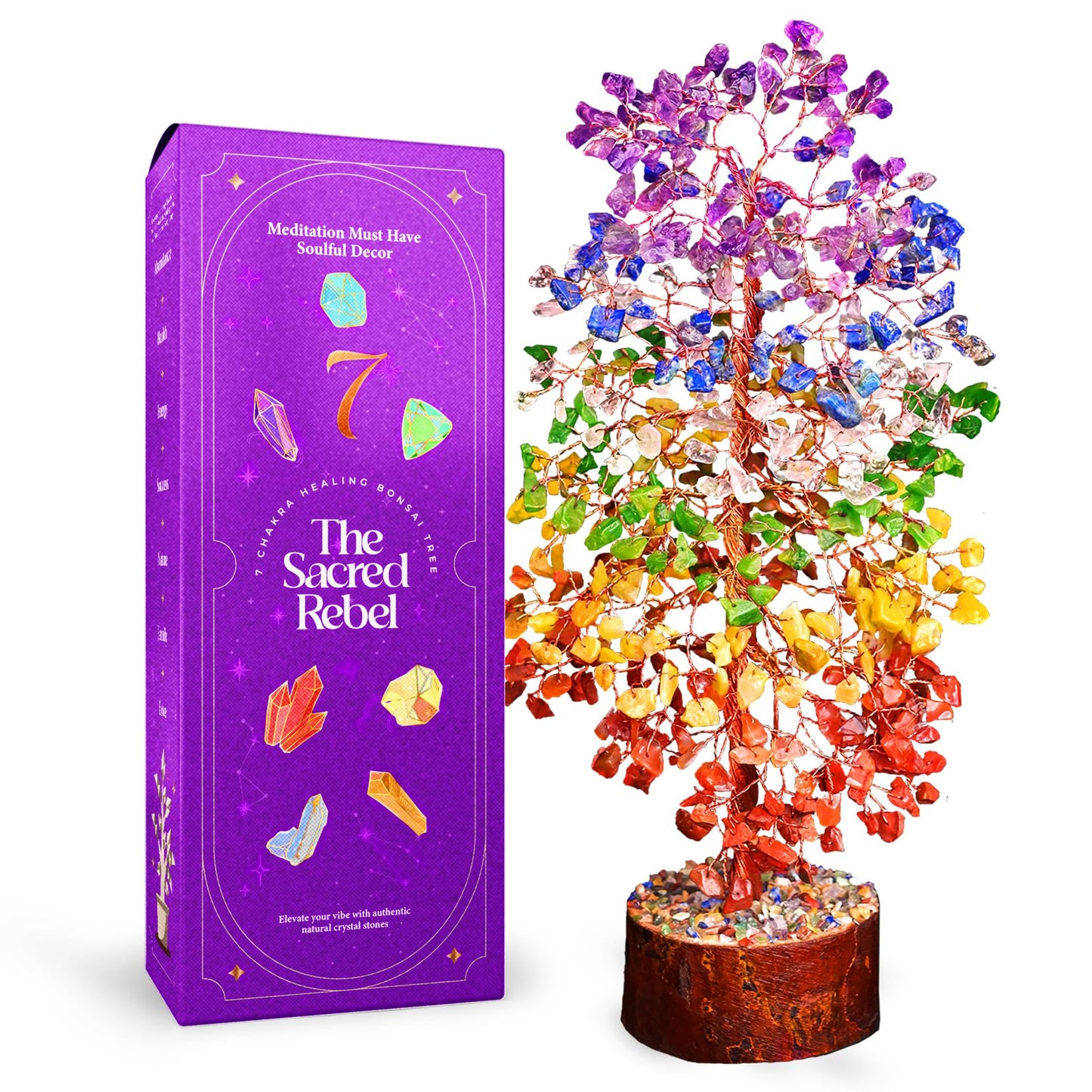 7 Chakra Crystal Tree of Life for Positive Energy - Birthday Gifts for Women & Men - Crystal Tree for Home & Office Decor with Wooden Base - Healing Crystals & Stones - Feng Shui & House warming Gifts