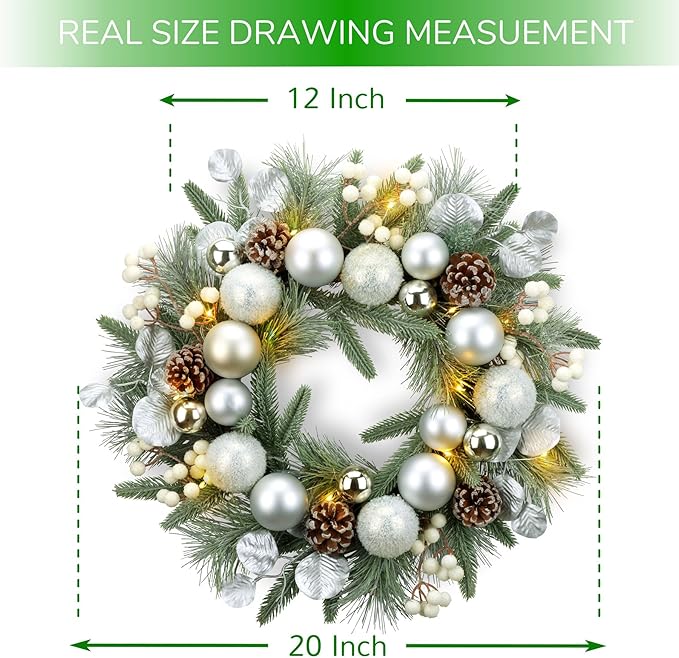 YULETIME 20-inch Christmas Wreath, Battery Operated Holiday Wreath with 20 Fairy Lights, Silvery Baubles, White Berries, Pine Cones, Silvery Leaves, Frosted Spruce Branches & Pine Needles (Silver)