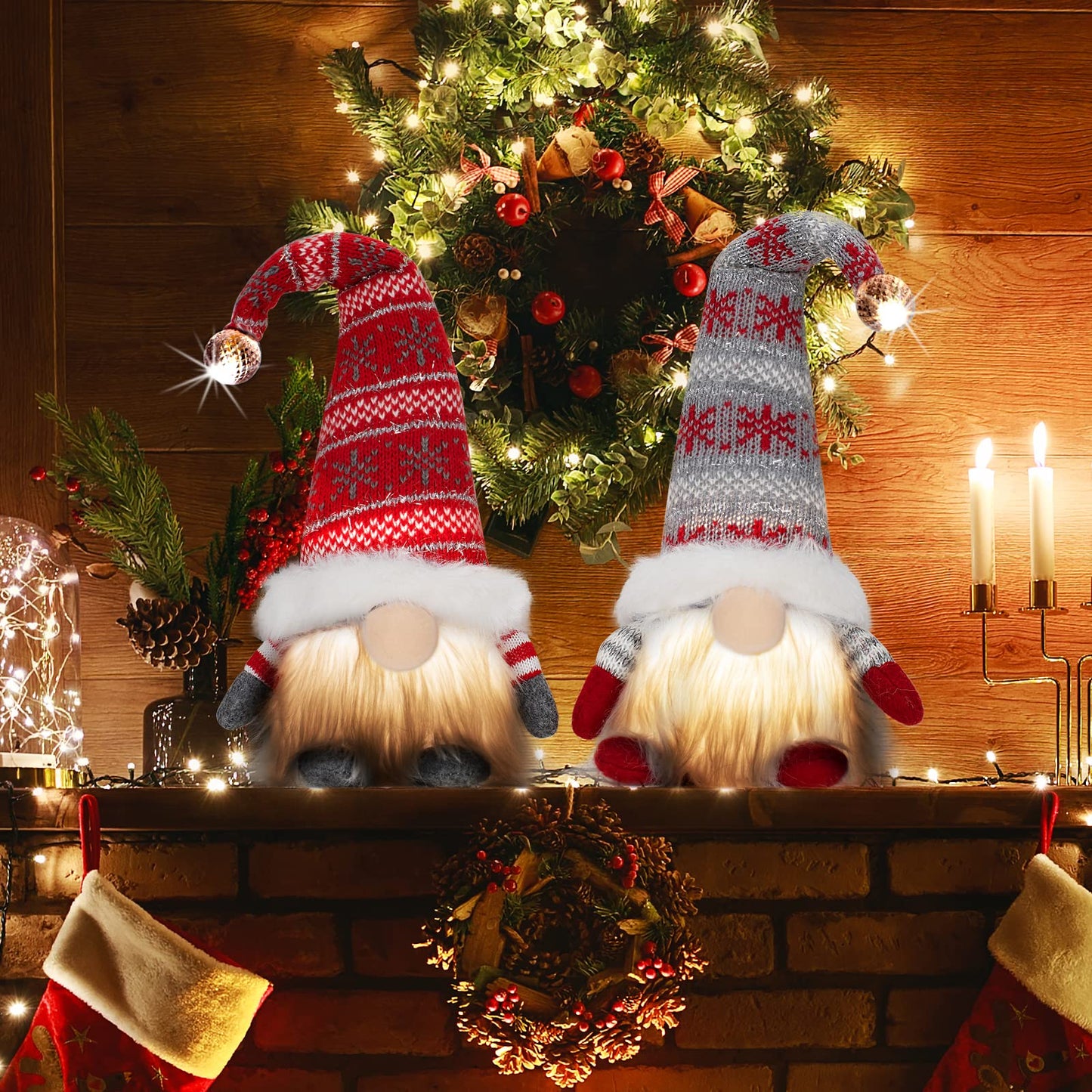 BAODLON Christmas Gnome Decorations with Light, 13.4 Inches Set of 2 Knitted Hat Nisse Figurine Plush Swedish Nordic Tomte Scandinavian Elf X'Mas Holiday Party Home Table Decor Ornaments (Red & Grey)