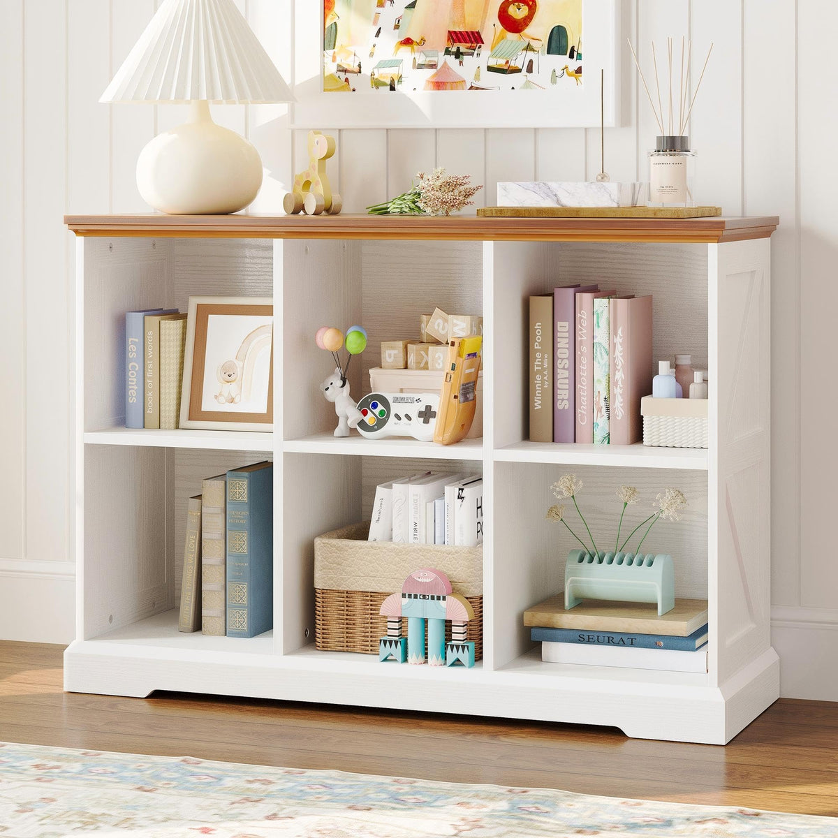 IRONCK 6 Cube Storage Organizer, Wooden Cube Shelf with Storage, Farmhouse Bookcase for Bedroom, Living Room and Home Office, White