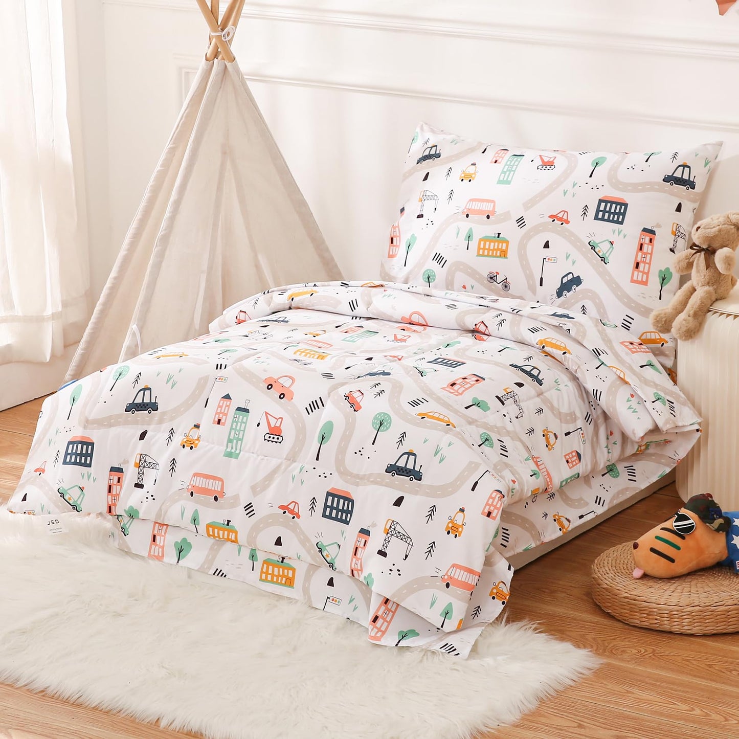JSD Car Toddler Bedding Set, 4 Piece Bed-in-a-Bag Toddler Microfiber Comforter Sheet Set, All Season Machine Washable