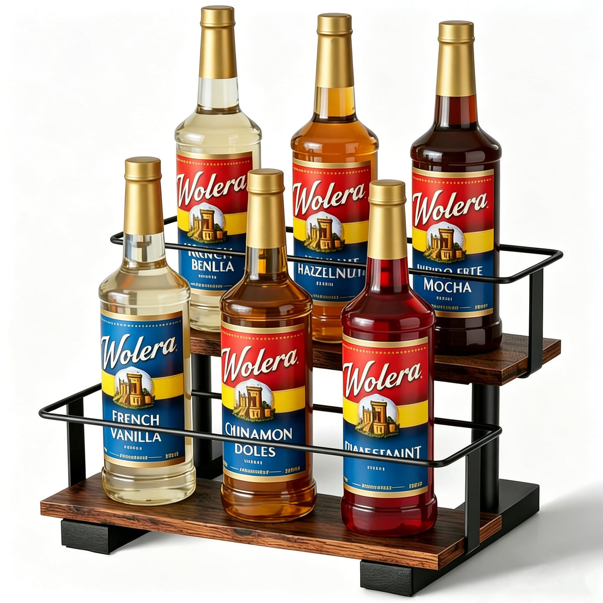 Wolera 2-Tier Coffee Syrup Organizer Rack – Holds 6 Syrup Bottles, Space-Saving Countertop Display Shelf for Coffee Bar, Liquor, Spice Jars & Essential Oil Bottles, Rustic Wood & Metal Stepped Shelf