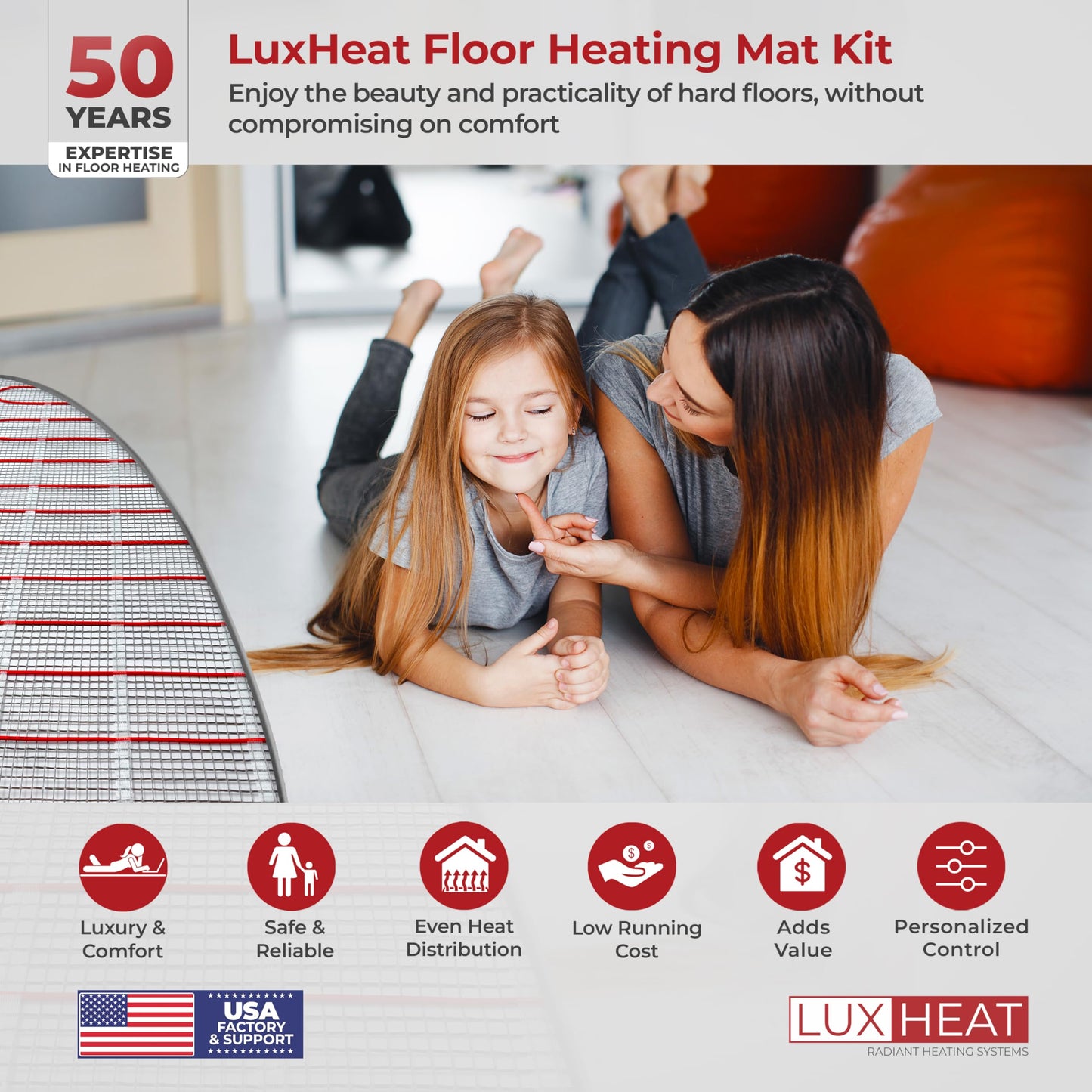 LuxHeat 90sqft Floor Heating Mat Kit – 120v Electric Radiant Heated Floor Kit – Heated Flooring System for Tile & Laminate - Includes UDG4 Programmable Thermostat w/GFCI, Alarm & Sensor