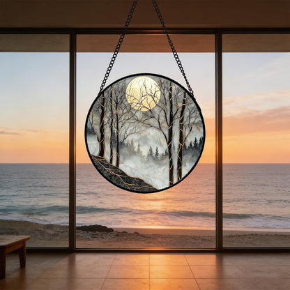 AMDERVEN Stained Glass Window Hanging - Black and White Gold Moon Forest Sun Catcher for Door Home Decor Suncatcher Christmas Mother's Day Birthday Gifts for Women Men Lovers Mom Nana 11.8 in