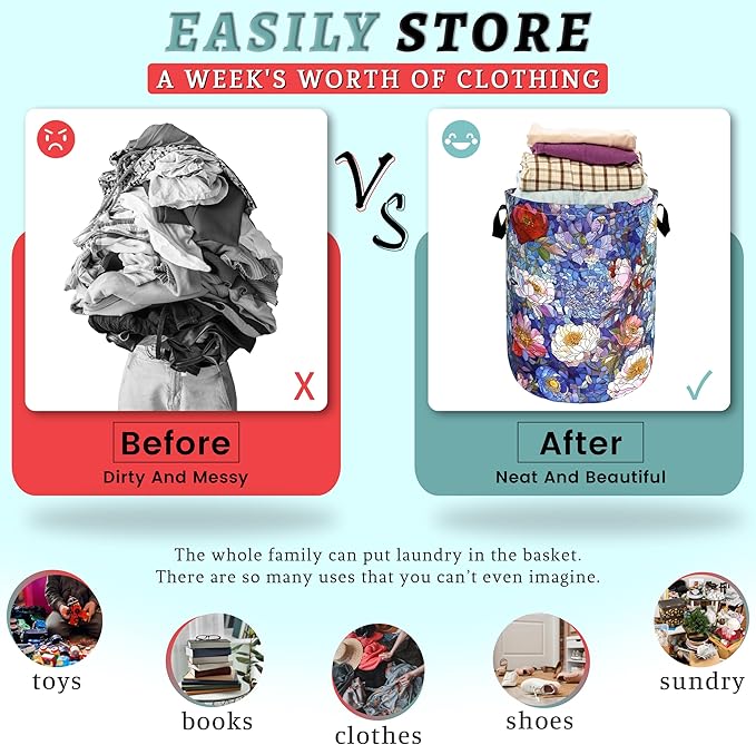 Blue Flowers Laundry Basket Glass Colorful Floral Foldable Funny Laundry Hamper