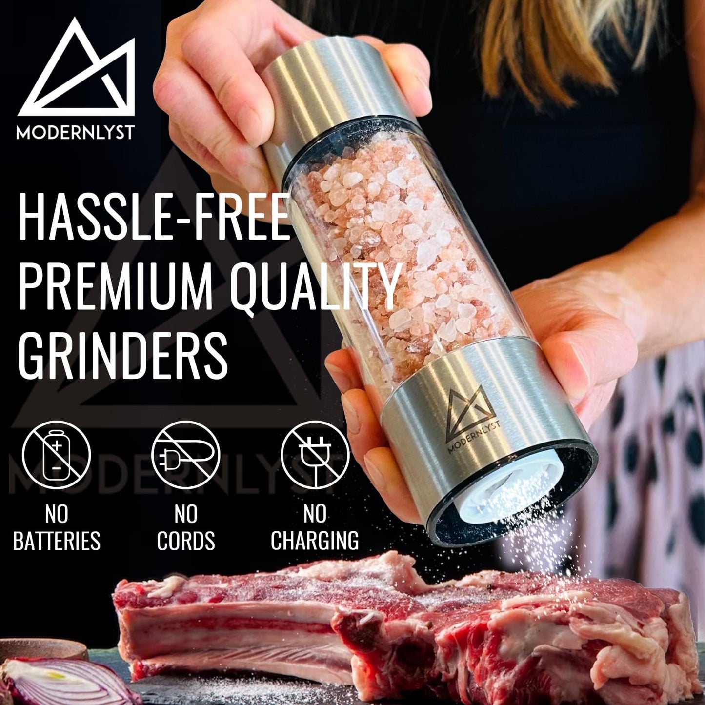 MODERNLYST Salt and Pepper Grinder Set Manual 2 Pack | Large Round Salt and Pepper Shakers Set | 7.5 inch Stainless Steel Salt Grinder Refillable | Manual Pepper Grinder (Stainless Steel)