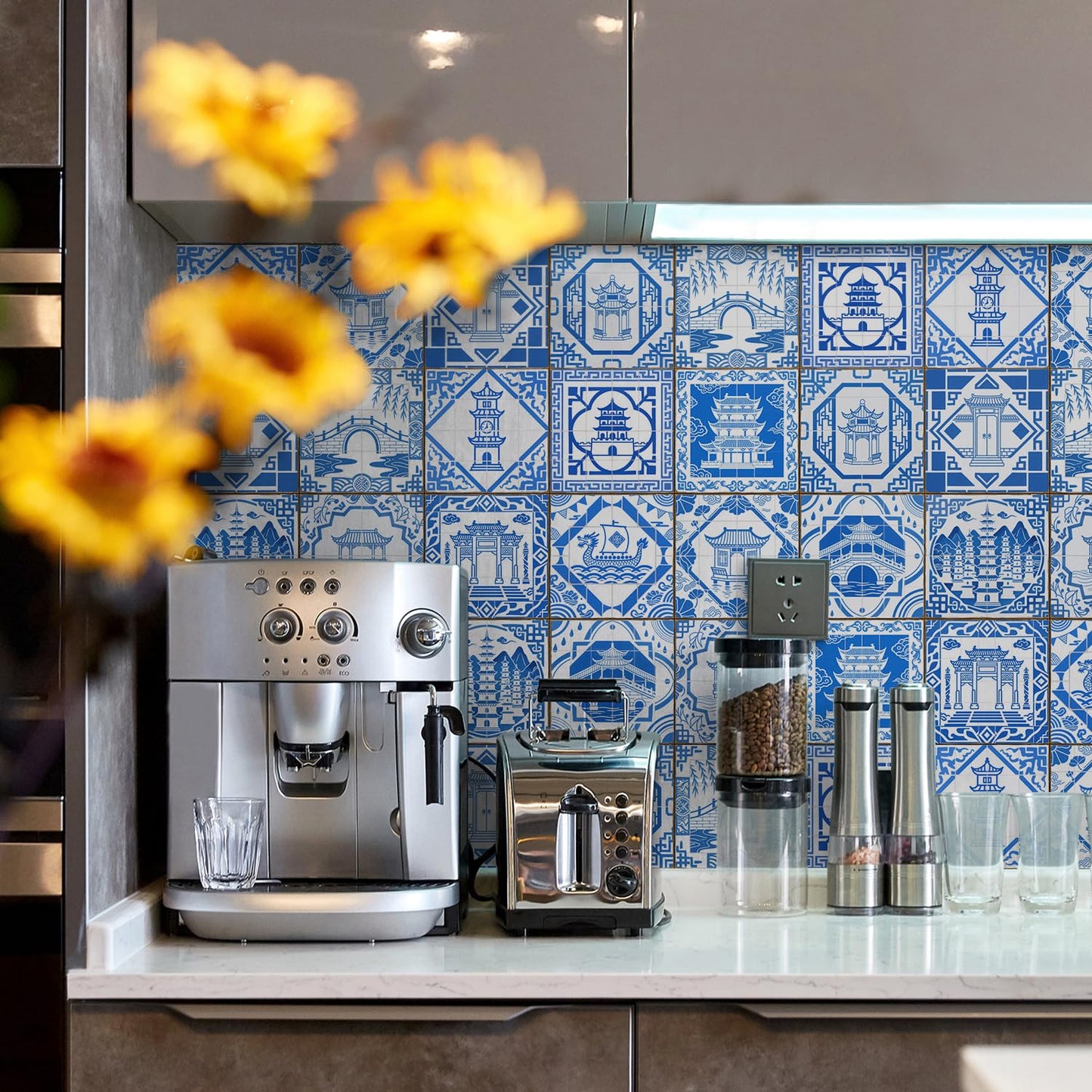 Decorative Blue White Tile Stickers Peel Stick with Chinese Pogada Pattern,Thickened Adhesive backsplash Tiles for Kitchen Furniture RV Vanity Fireplace Decor(5.91 * 5.91 in,12 pcs)