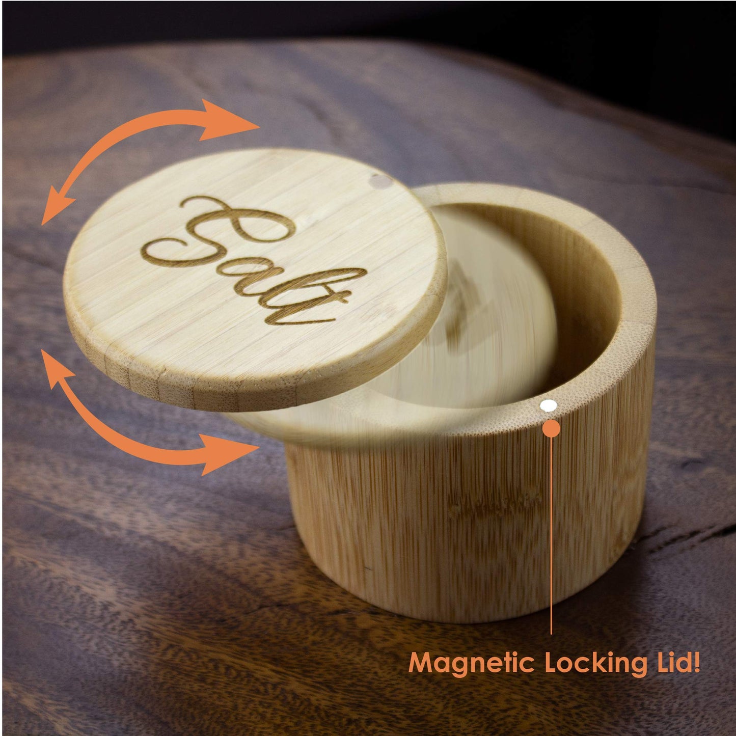Totally Bamboo Salt Cellar Bamboo Storage Box with Magnetic Swivel Lid, 6 Ounce Capacity, Salt Engraved on Lid