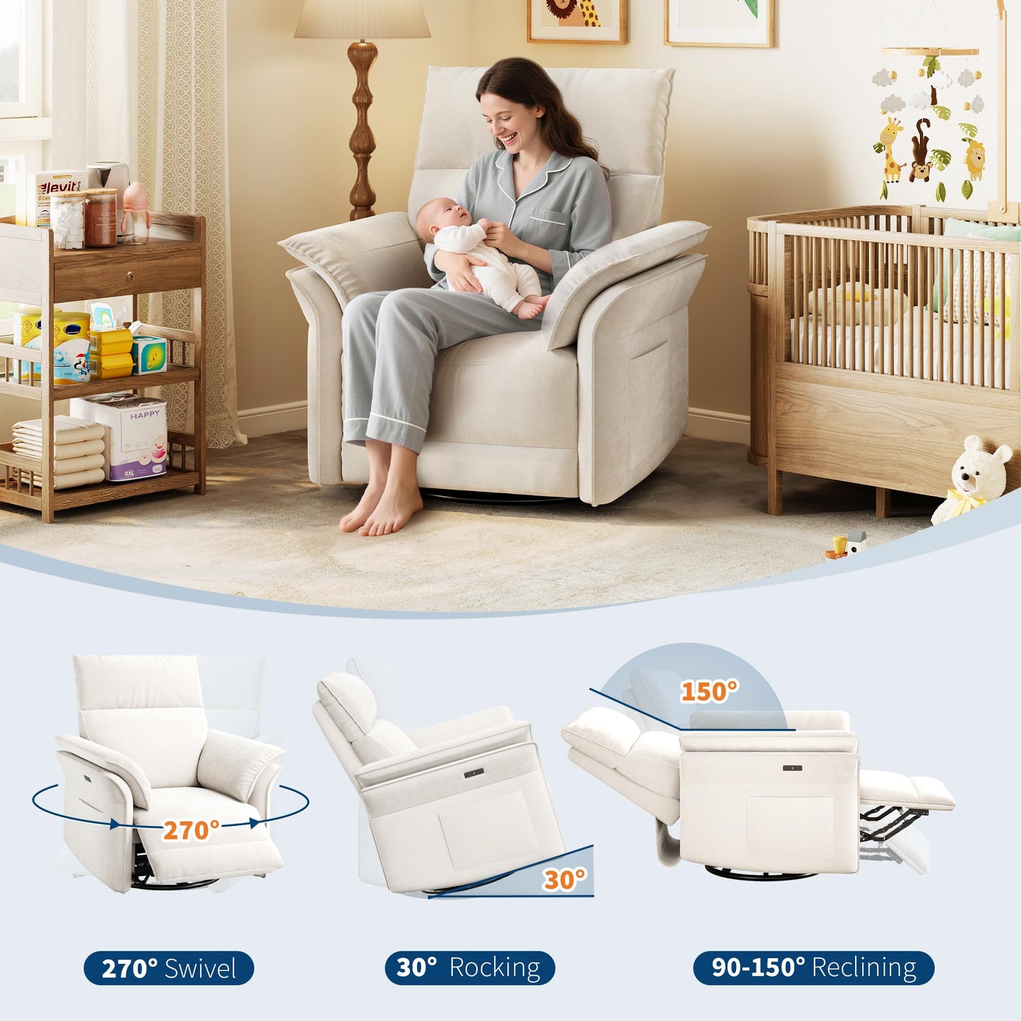 Garvee Power Recliner Glider Chair with Smooth Swivel and Rocking Motion Adjustable Recline USB Charging Port Premium Chenille Fabric and Double Armrests for Living Room and Nursery
