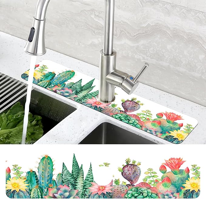 Watercolor Cactus Floral Sink Faucet Absorbing Mat Sink Splash Guard Faucet Mat