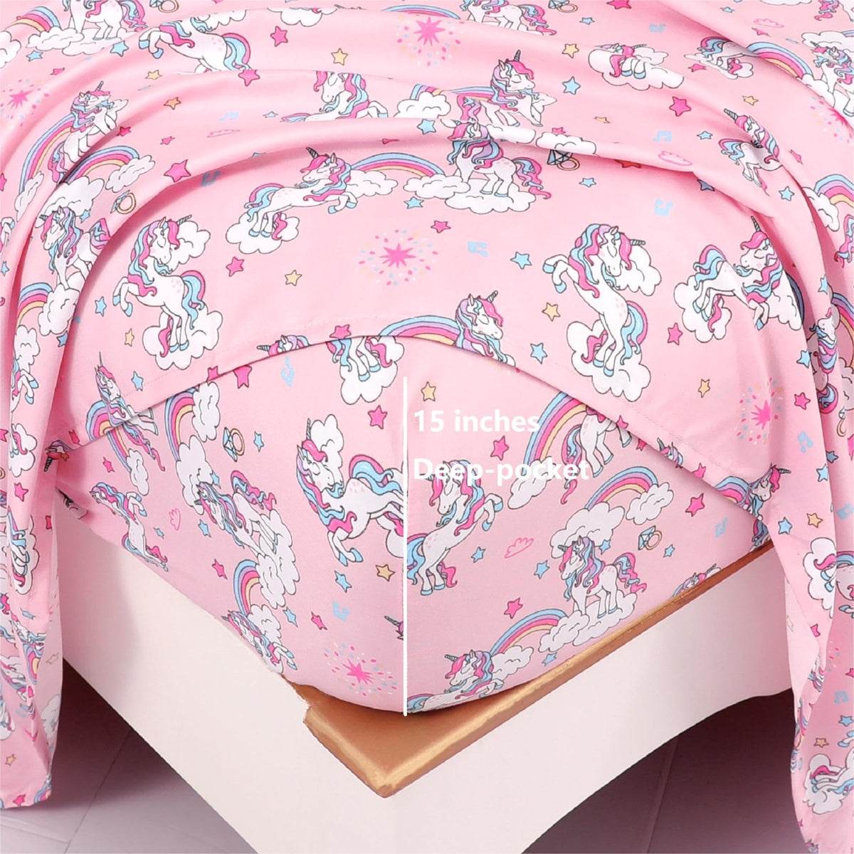 Softan Kids Bed Sheet Set, 3-Piece Twin Sheets Set, Microfiber Fitted Sheet with 15 Inches Deep Pocket and Corner Straps, Breathable & Silky Soft Pink Unicorn Pattern Sheet and Pillowcase Sets