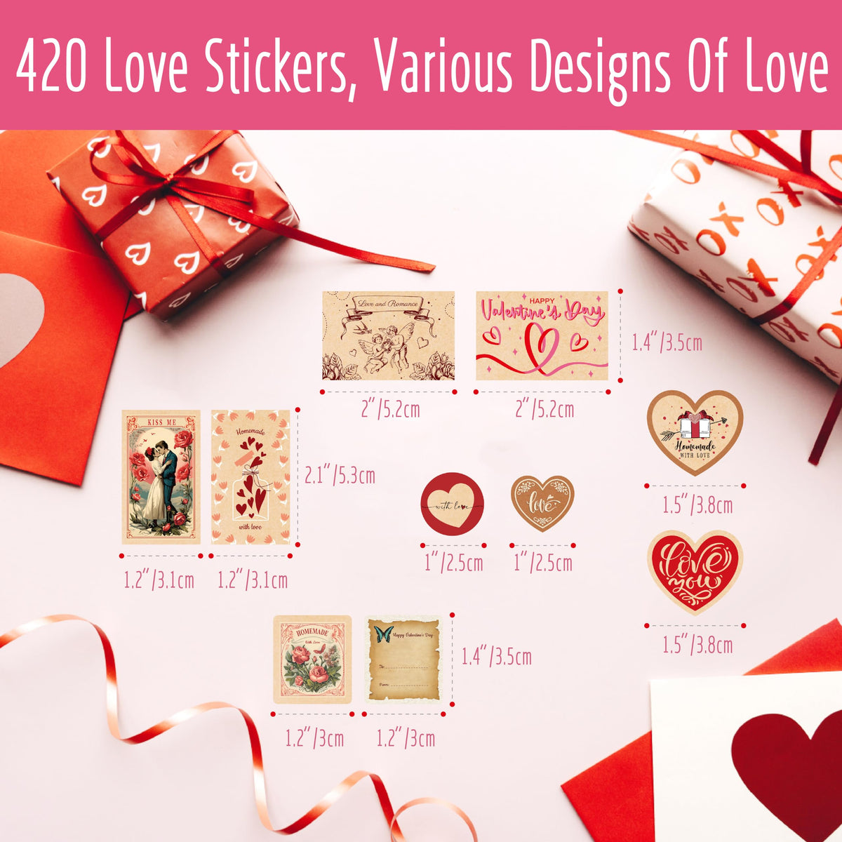 420 PCS Kraft Valentine Stickers, Vibrant Heart Stickers Self-Adhesive Love Decoration Labels, Use for Couple, Valentine's Day, Gifts, Wedding, Anniversary, Scrapbook Decors (15 Sheets)