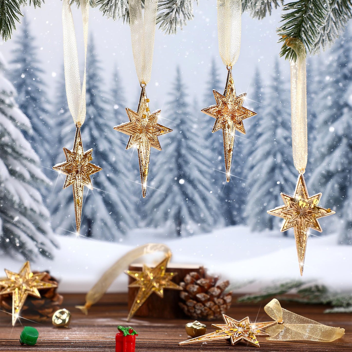 Soulchen 8 Pcs Summer Christmas Bethlehem Star Ornament 3.15 x 1.97 Inch Metal Glitter Star of Bethlehem Ornaments with Glitter Christmas Tree Topper Nativity Decor for Xmas Tree Party Decor(Gold)