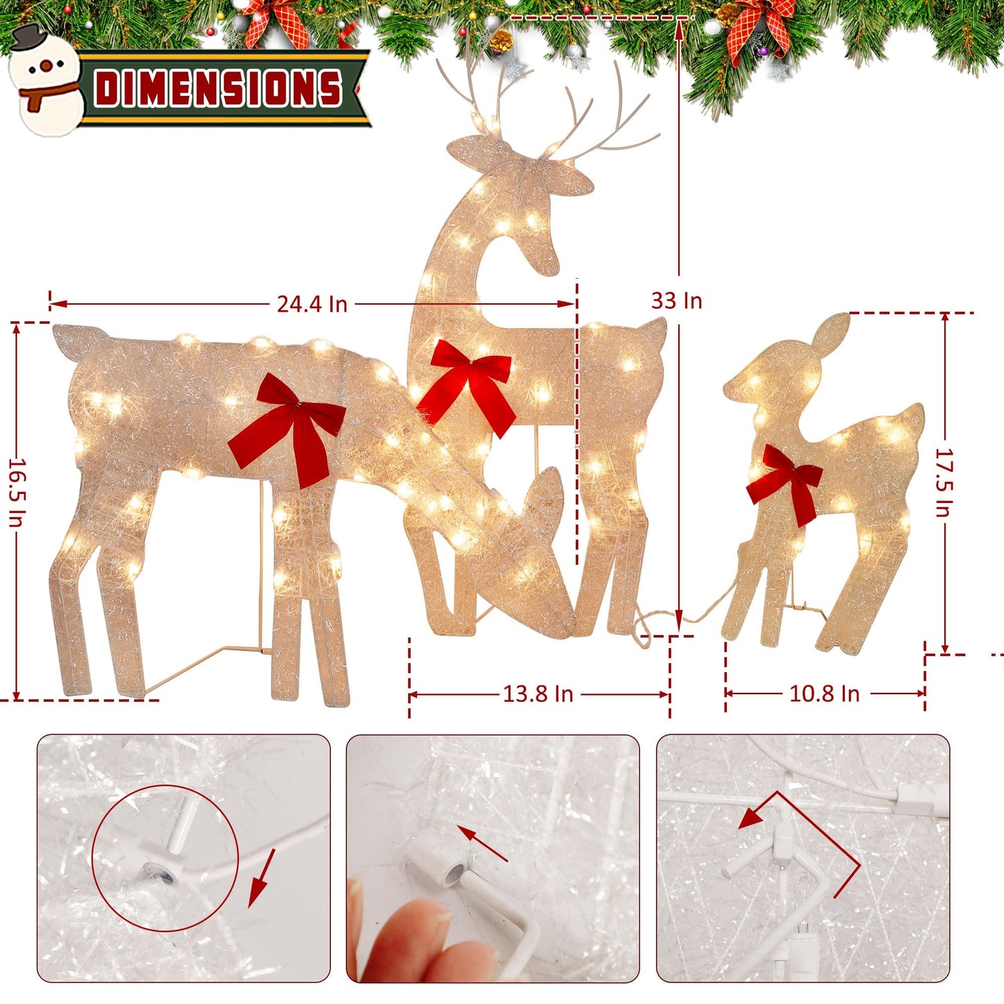 Joliyoou Christmas Yard Decoration, Set of 3 Pre-lit Reindeer with 60 LEDs Warm White Lights, 2D Light Up Tinsel Reindeer Family for Xmas Front Door Indoor Outdoor Lighted Holiday Displays