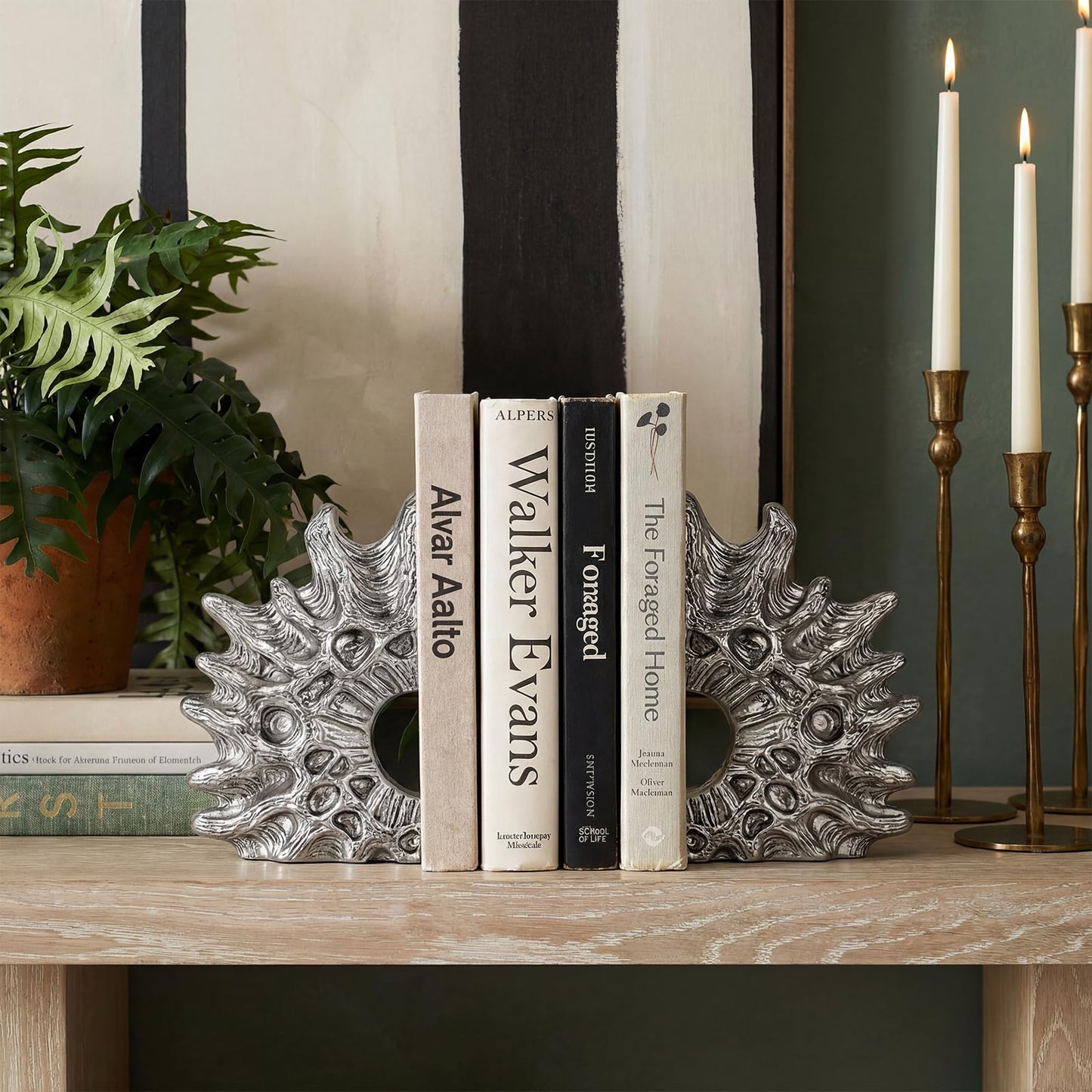 MXARLTR Coral Bookends, Coastal Resin Coral Decorative Bookends, Heavy Duty Non-Slip Book Holders for Shelves, Office Desk, Living Room, Nautical Home Decor (Silver)