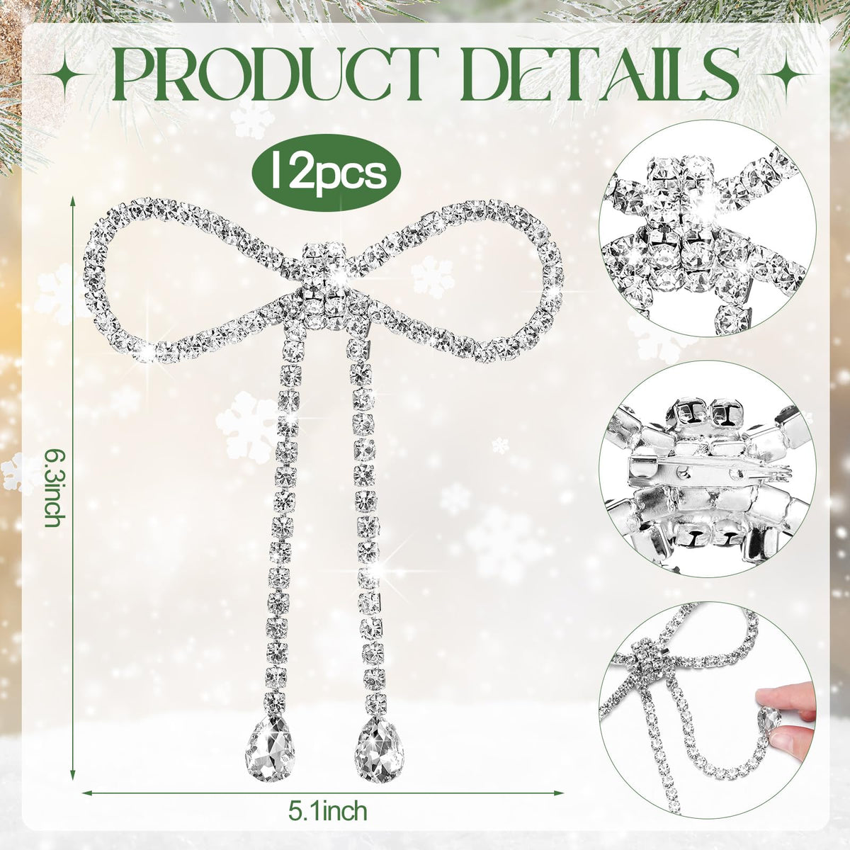 Highergo 12 Pcs Rhinestone Christmas Bows Ornaments Sparkly Glitter Bow Christmas Tree Ornaments for Xmas Wreath Garland Fireplace Home Decorations(Classic Style,Silver)